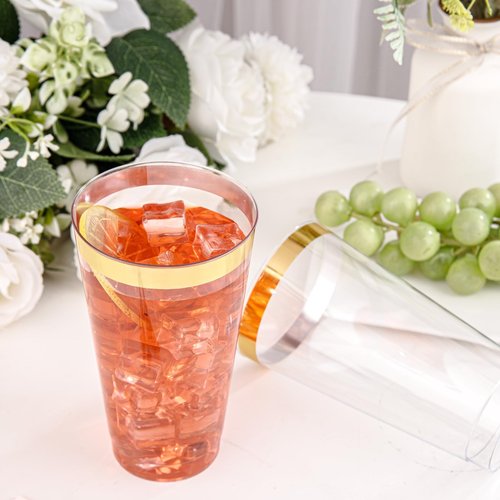 I00000 16 oz Gold Plastic Cups, 50 Pack Clear Plastic Cups Tumblers Gold Rimmed Disposable Cup, Heavy-duty Disposable Cup Perfect for Birthday, Wedding & Party