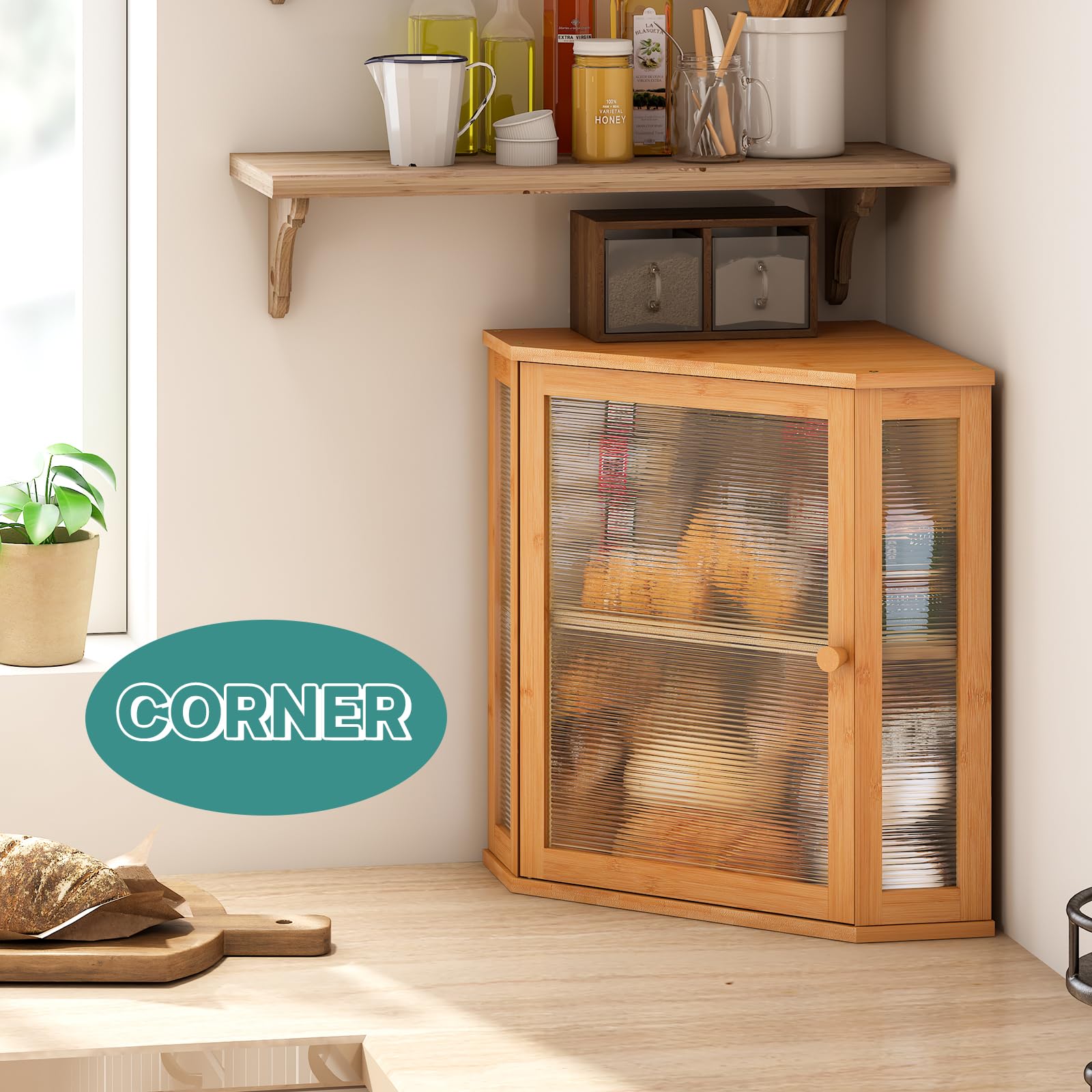 viewcare Corner Bread Box for Kitchen Counter, Bamboo Wood Large Capacity Bread Storage Bin with Acrylic Wavy Door Panel (Natural, Extra Large)