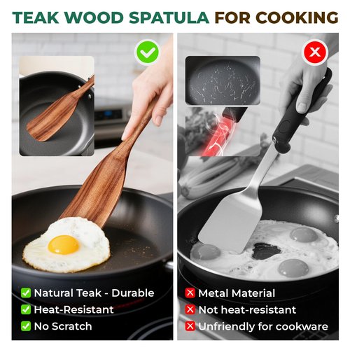 KAQISE Wooden Spatula for Cooking, 2-Piece Teak Wood Spatula Set for Nonstick Pans, Kitchen Utensils with Flat Turner&Slotted Spatula, Heat Resistant Natural Solid Wood Cooking Tools
