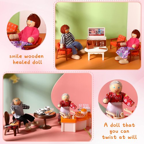 HyDren Wooden Dollhouse Furniture Set - 83 Pcs with 8 Flexible Dolls for 5 Rooms | Perfect Gift for Toddlers