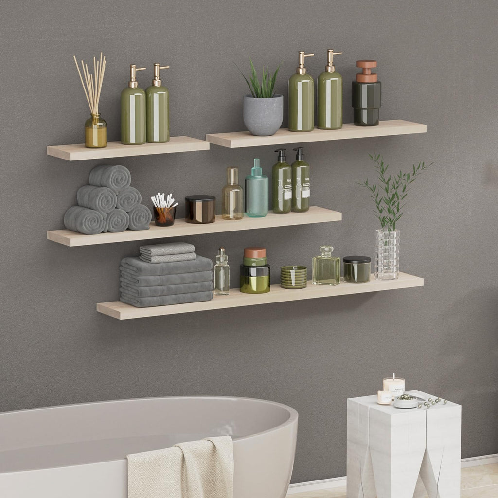 SAUMONIERES Floating Shelves 8 Inch Deep Solid Wood Wide Wall Shelf Set of 2 Wall Mounted for Bedroom Bathroom Living Room Kitchen, 36 Inch Natural