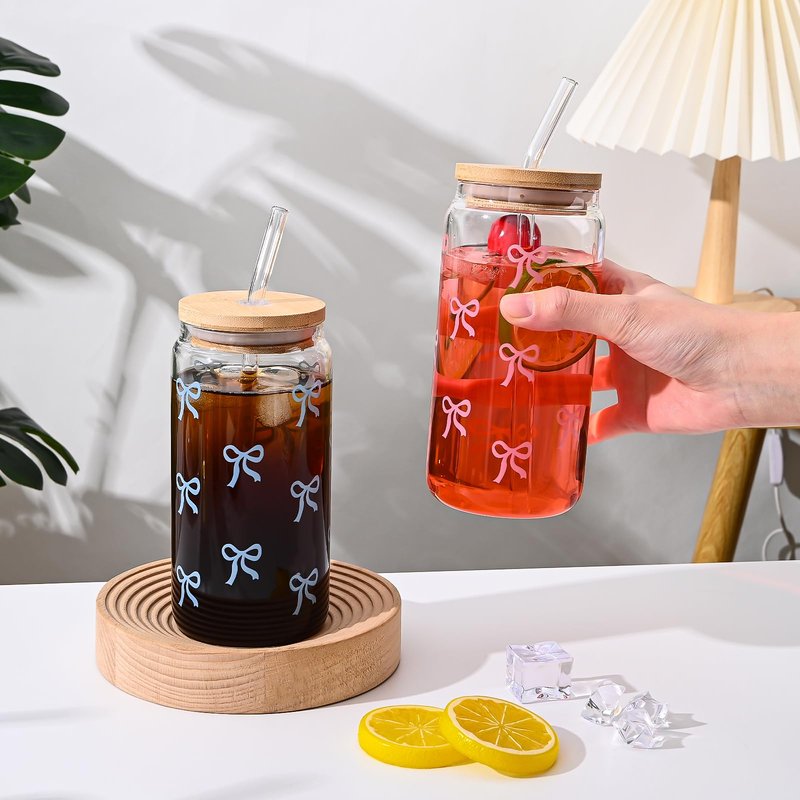 Koythin Glass Cups with Lids and Straws, Adorable Iced Coffee Tumbler for Tea Milk Smoothie Latte Juice, Bow Tie Glasses Drinking Set for Mom Girl Women, 17 oz/480 ml (Blue)