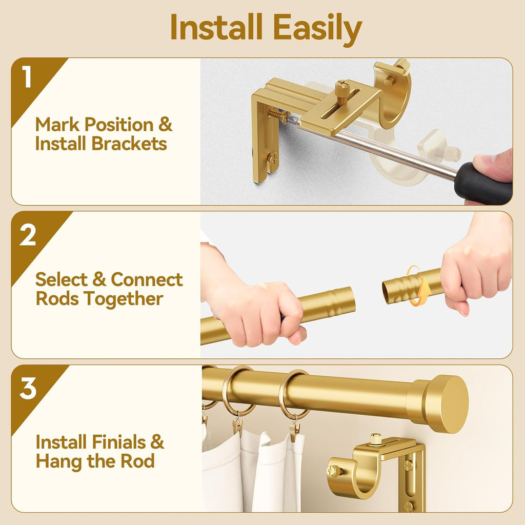 YaFex Curtain Rods - Heavy Duty 1 Inch Adjustable Window Treatment Rods | Gold, 32-144 Inch, Modern Design