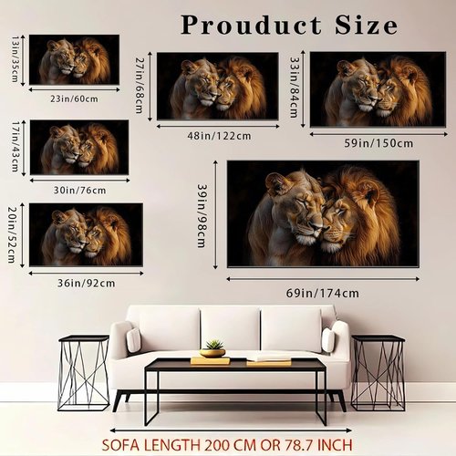 Lions Canvas Wall Art - Romantic Loving Lions Couple, African Wildlife Decor | Gold Framed 48"x27" (122x68cm)