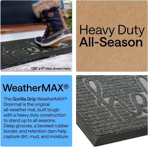 GORILLA GRIP Waterproof All-Season WeatherMAX Doormat - Natural Rubber, Stain Resistant, 29x17, Charcoal