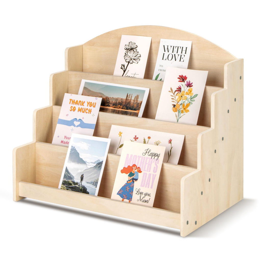 PUERSI Greeting Card Display Stand Holder - 4-Tier Wooden Organizer Rack for Retail Stores, Postcards, Stickers & Stationery Vendors Beige