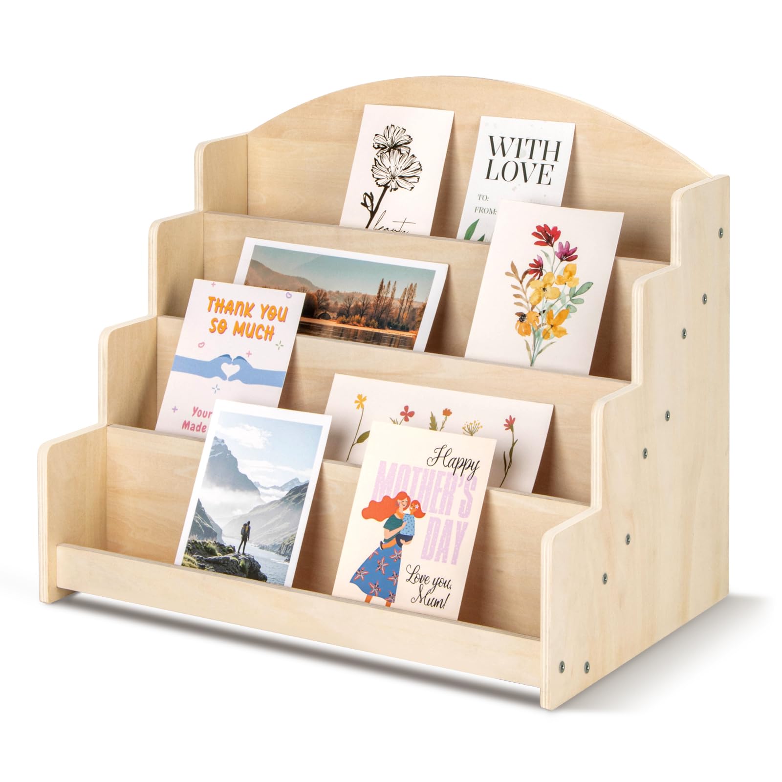 PUERSI Greeting Card Display Stand Holder - 4-Tier Wooden Organizer Rack for Retail Stores, Postcards, Stickers & Stationery Vendors Beige