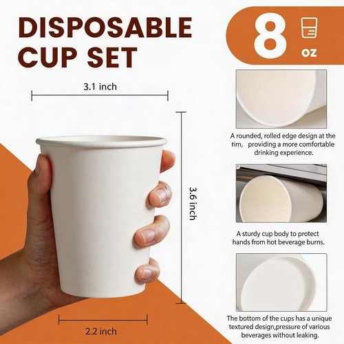 MOUMOULIFE Disposable Paper Coffee Cups 8 oz 500 Count Bulk, Leak-Proof White Paper Cups for Hot & Cold Beverages, Ideal for Office, Travel