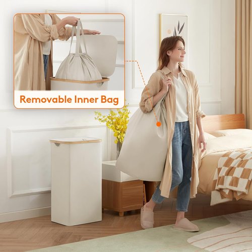 Lifewit 100L Laundry Basket - Foldable Hamper with Lid & Bamboo Handles | Removable Bag, White