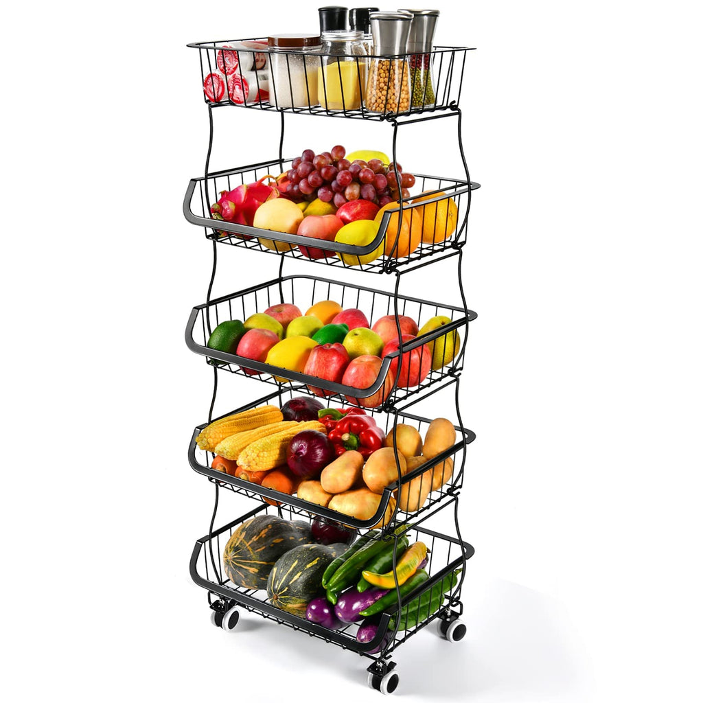 Mchoter Fruit Vegetable Storage Basket, 5 Tier Stackable Metal Wire Storage Baskets with Wheels, Fruit Vegetable Produce Basket Organizer Bins for Kitchen, Pantry, Bathroom