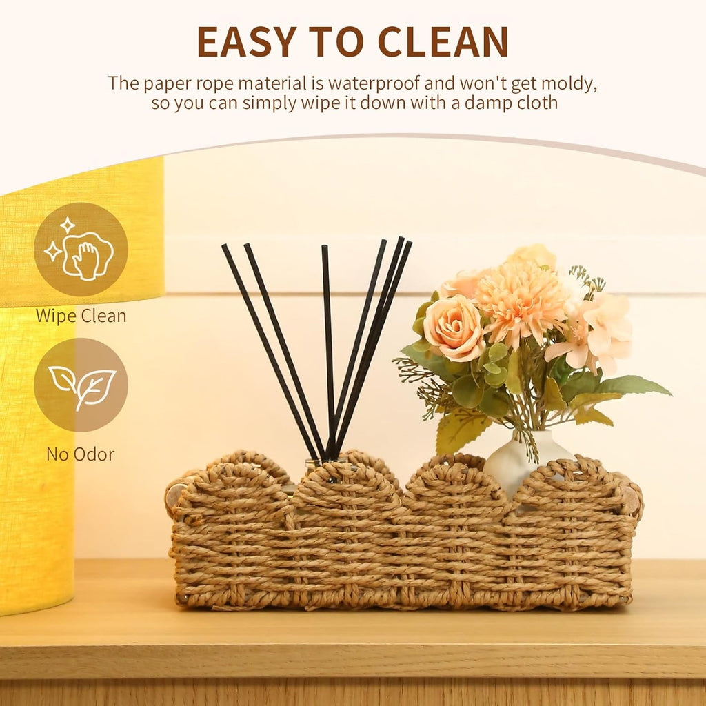 Regine Switzerland Paper Rope Storage Basket Set - Scalloped Design with Wooden Handles, Stylish Beige Organizers for Bathroom or Living Room