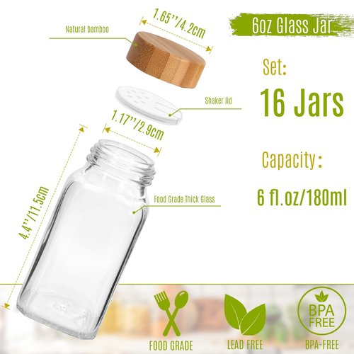 Keketin 16 Pack 6 oz Glass Spice Jars with Bamboo Lids and Spice Labels,Empty Square Seasoning Bottles,180ml Glass Spice Container with Shaker Lids and Funnel
