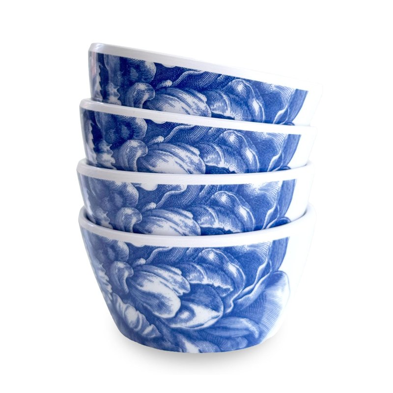 Caskata Peony Melamine Snack Bowls, Set of 4 | Small Bowls for Entertaining and Everyday Use | Perfect for Home, Beach, Pool and Gifting | Blue on White Color | 6 oz