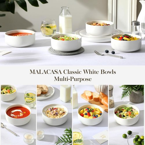 MALACASA 24 OZ Ceramic Cereal Bowls Set of 4 | 5.8 Inch Dishwasher & Microwave Safe - White LUNA Series
