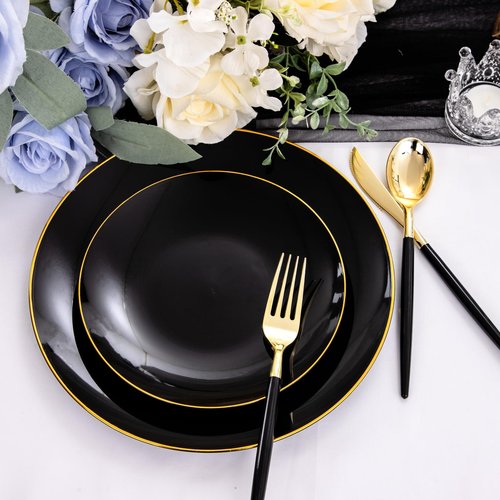 Nervure 150PCS Black Plastic Plates - Black and Gold Disposable Plates - Premium Heavyweight Gold Plastic Dinnerware with Black Silverware Ideal for Wedding & Halloween & New Year