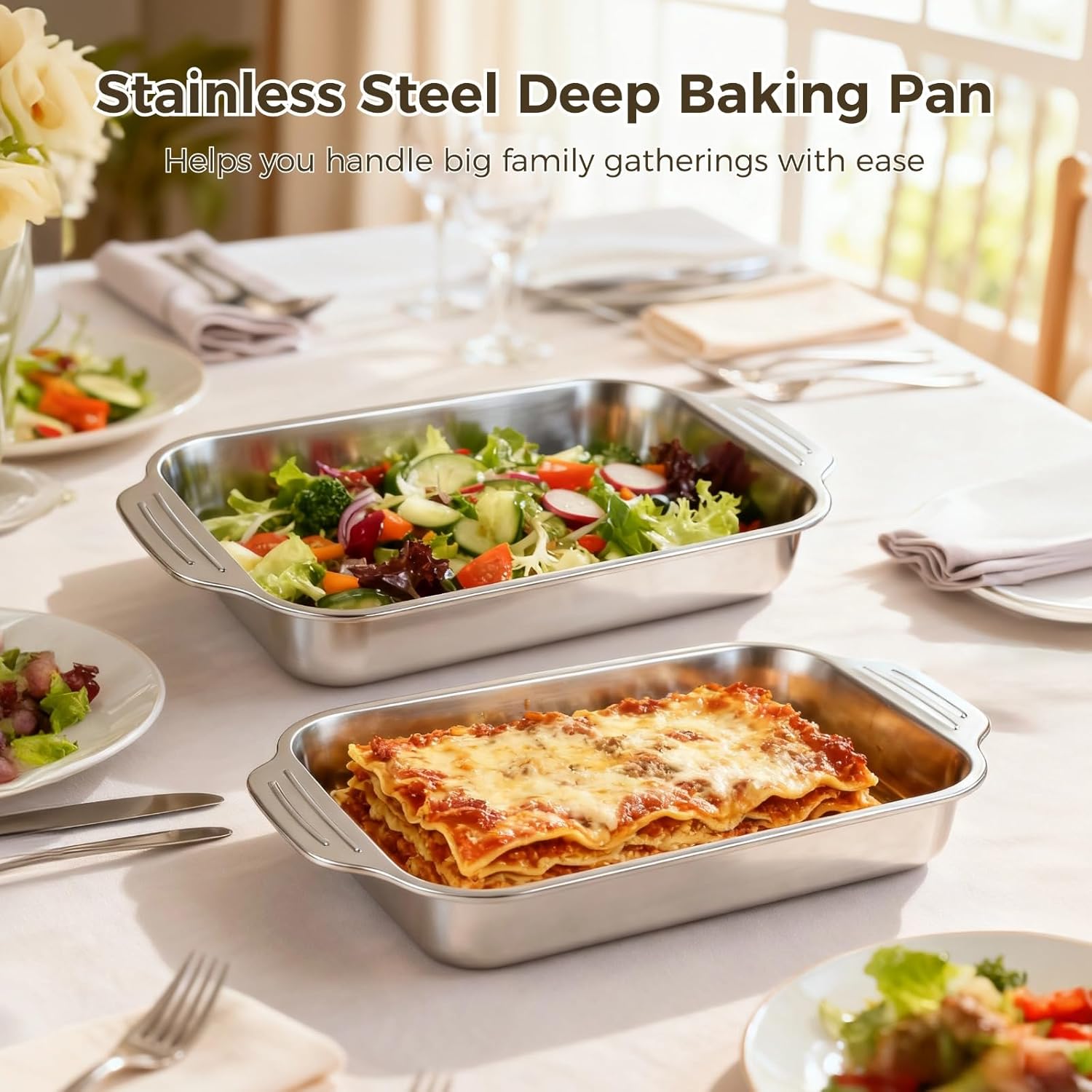 Skiennix 9x13 Stainless Steel Cake Pans - Durable Baking Trays with Double Handles & Silicone Brush