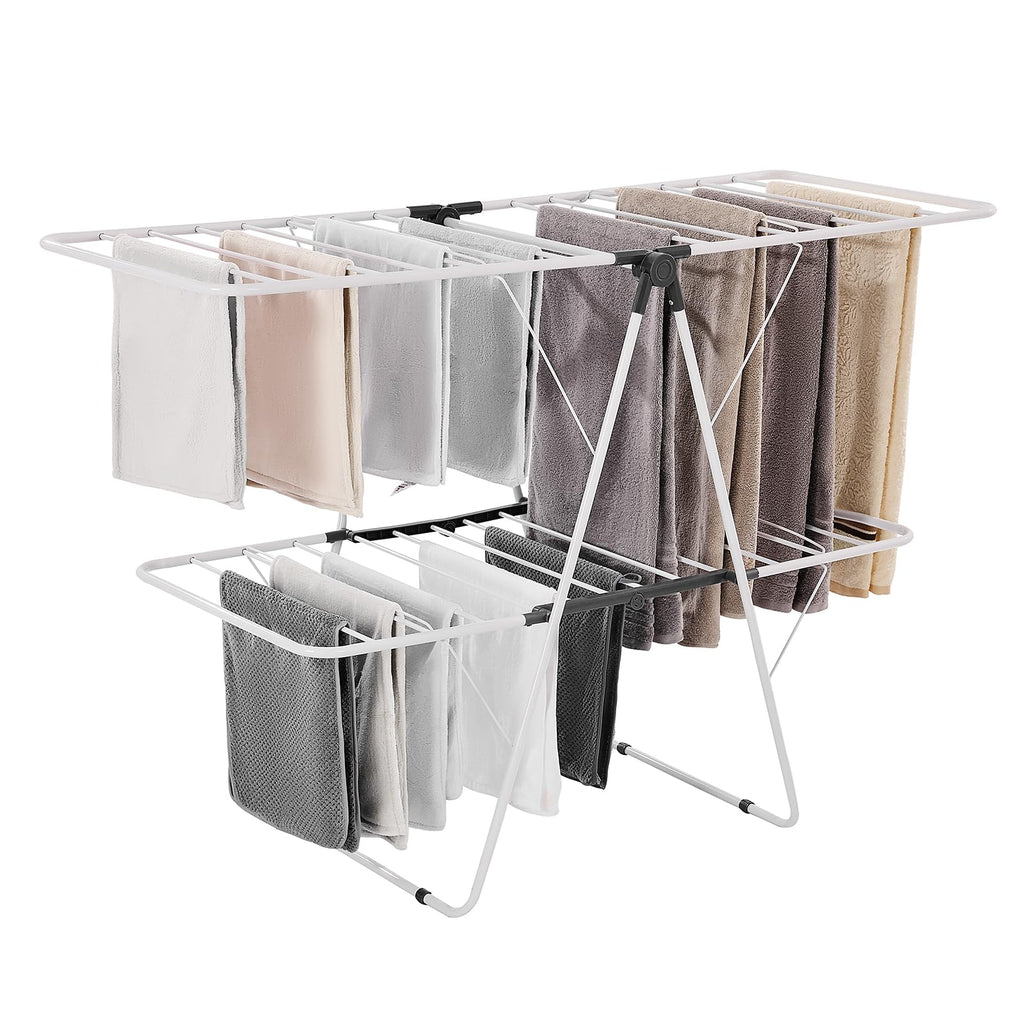 VEVOR Clothes Drying Rack, 2-Tier Foldable Laundry Dryer Rack with Sock Clips & 31 Dry Rods, Metal Height Adjustable Drying Racks for Outdoor & Indoor, Free-Standing & Space-Saving Hanger, White
