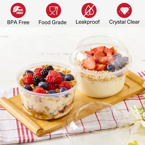 Qeirudu 50 Pack 16 Oz Plastic Dessert Cups with Dome Lids, Acai Bowls Clear Party Serving Bowls for Parfaits, Snacks, Cakes, Fruits