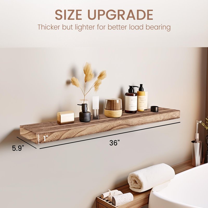 YLYHSST Floating Shelves 36 Inches Long, Set of 2 Solid Rustic Wood Wall Mounted Shelves, Wall Picture Ledge Shelf with Invisible Metal Brackets for Living Room, Bedroom, Bathroom, Carbonized Black