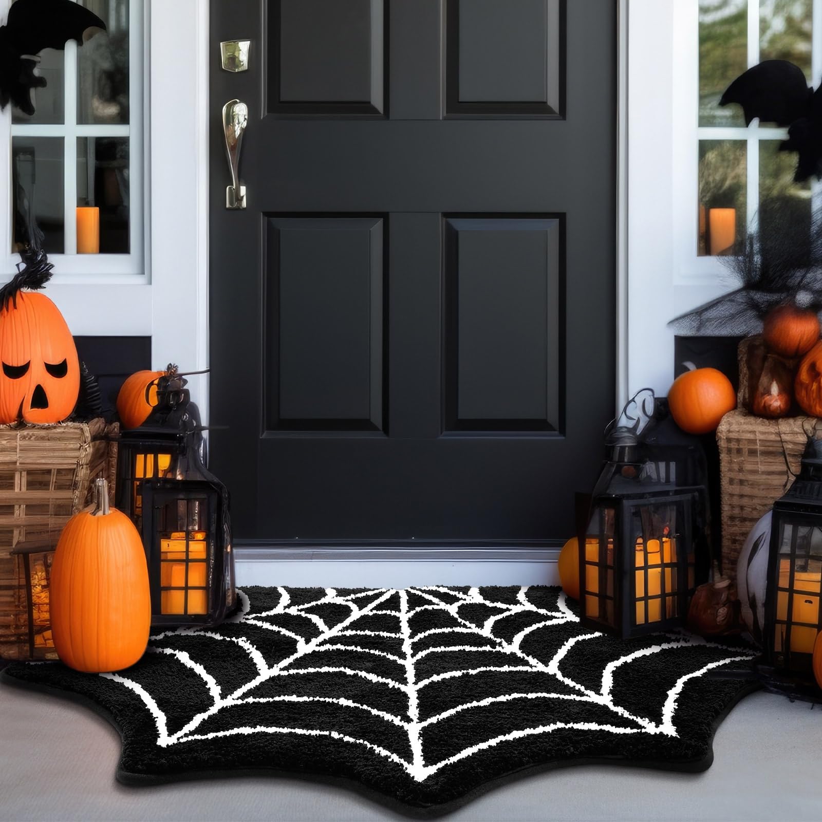HunnmingRe 48 x 30 Inch Spider Web Rug Halloween Bathroom Decor Large Black Gothic Bath Mat Halloween Doormat Non Slip Area Carpet Goth Rug for Front Door, Living Room, Bedroom