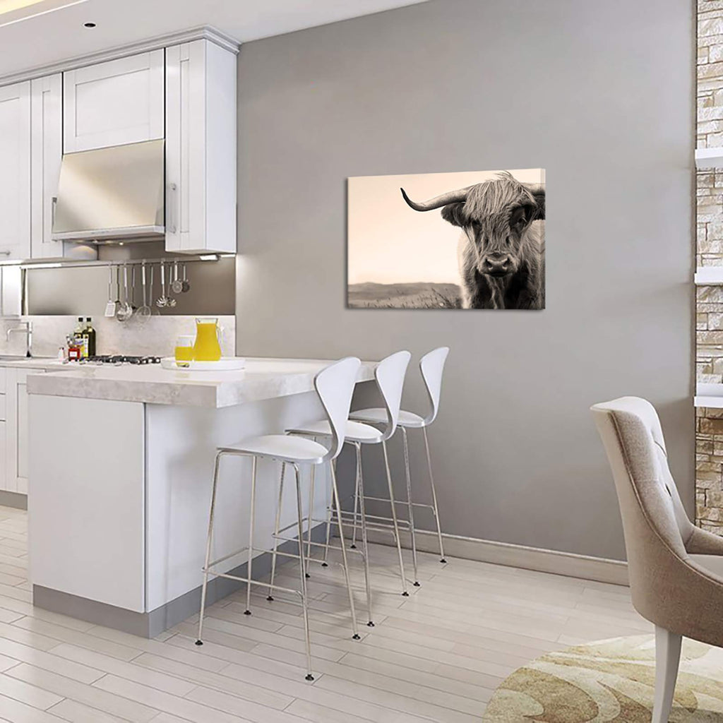 Biuteawal Farm Animal Wall Art Highland Cow with Long Horns Picture Print on Canvas Cattle Painting for Home Farmhouse Wall Decor Ready to Hang