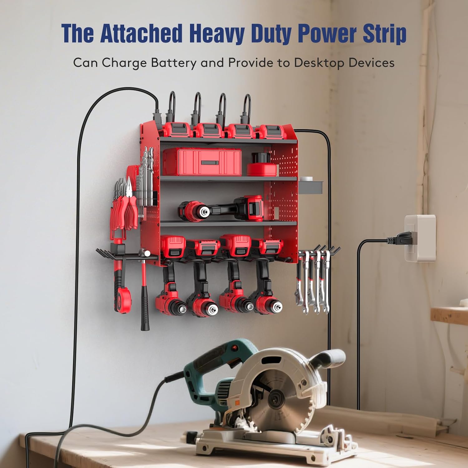 Power Tool Organizer by Heavy Duty - Wall Mount with Charging Station & Adjustable Shelves | Holds 4 Drills