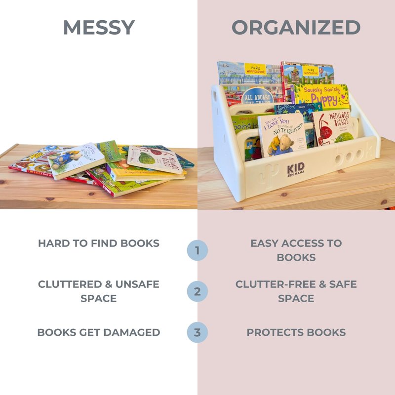 Kid Zen Mama Kids Bookshelf – 3-Tier Montessori Bookcase, Small Storage for Toddlers, Lightweight, BPA-Free HDPE, Rounded Edges, Tool-Free Assembly, Easy to Clean, Perfect for Nursery and Playroom