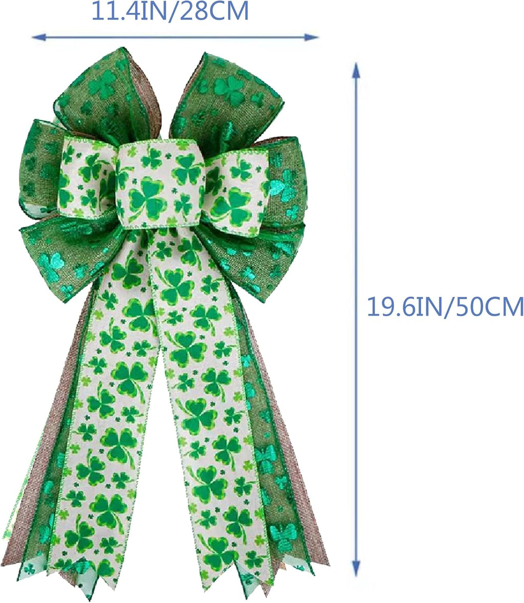 Skiennix St. Patrick's Day Bow - Large Burlap Green Glitter Shamrock Wreath Decoration | Irish Holiday Decor