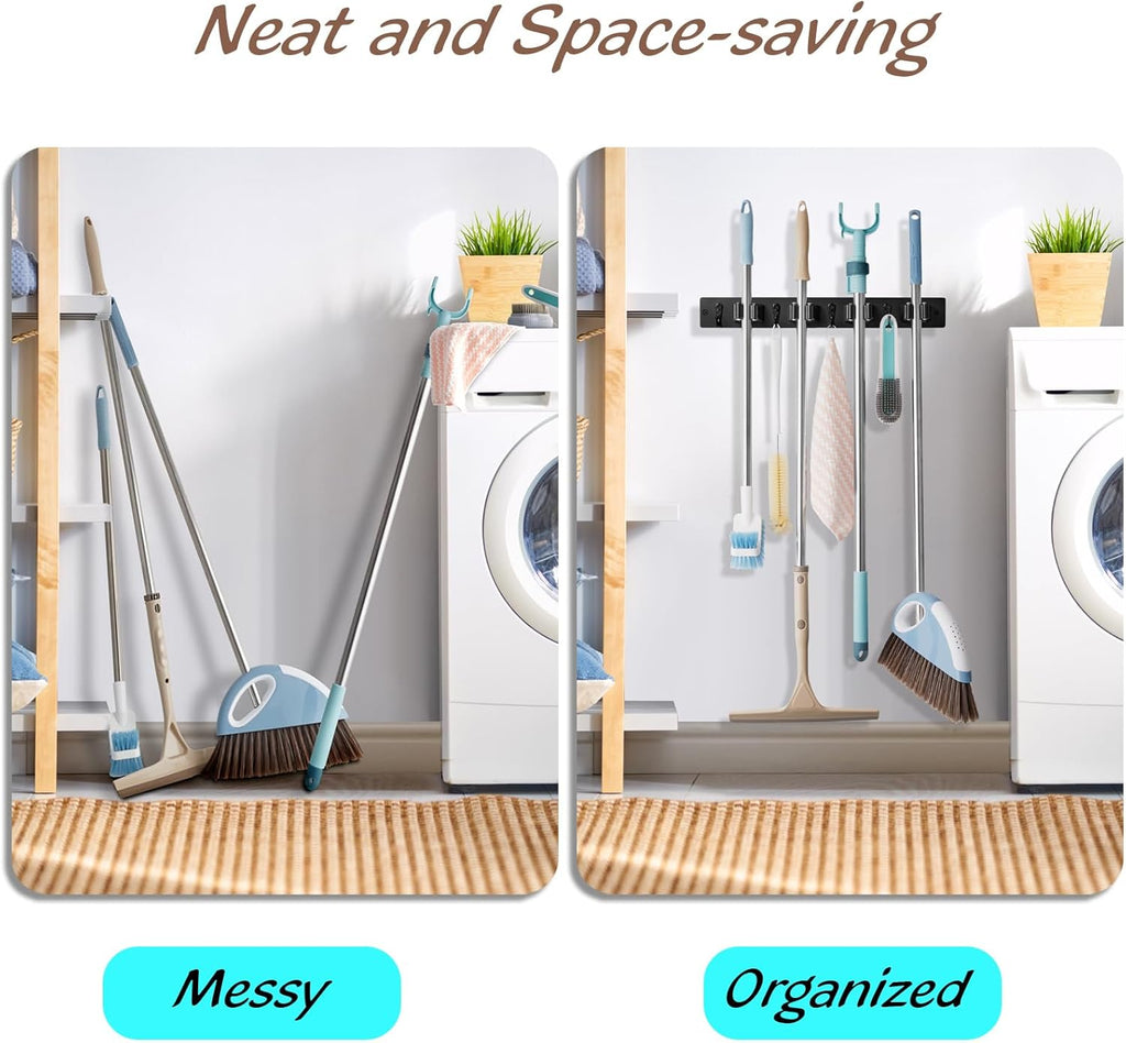 OUTNILI Mop Broom Holder Wall Mount - 2 Pack Black Organizer with 4 Slots & Hooks for Garage, Closet, Laundry Room