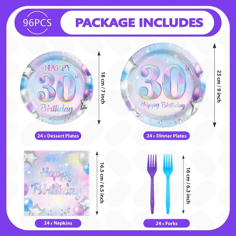 Grencian 96Pcs 30th Birthday Decorations Iridescent 30th Birthday Party Plates Disposable 350GSM Sweet 30 Years Paper Tableware Set for Women 30 Years Old Party Supplies Serves 24