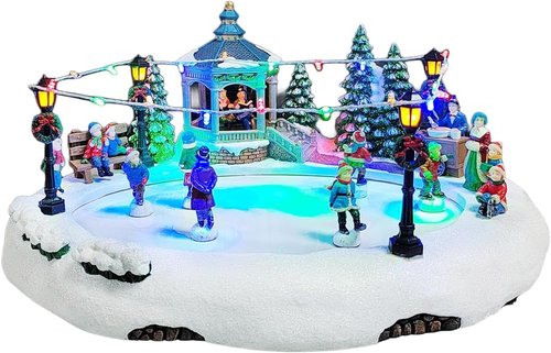Moments In Time Animated Skating Pond | 7.28” LED Christmas Village Display with Moving Skaters, Lights & Music