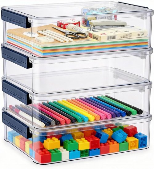 Clear Plastic Storage Box - 5.5qt Snap-Tight Latch Organizer | 4 Pack for A4 Files, Photos, Crafts