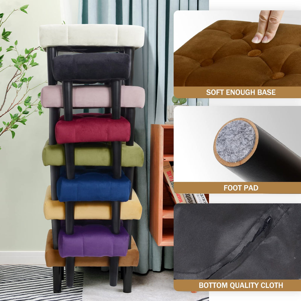 HOUCHICS Small Footstool Ottoman,Velvet Soft Footrest Ottoman with Wood Legs,Sofa Footrest Extra Seating for Living Room Entryway Office(Coffee 2PACK)