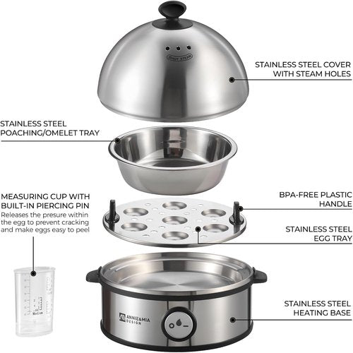Annie & Mia Electric Egg Cooker - Stainless Steel 7 Egg Capacity | Multi-Function, Auto Shut-Off, BPA-Free
