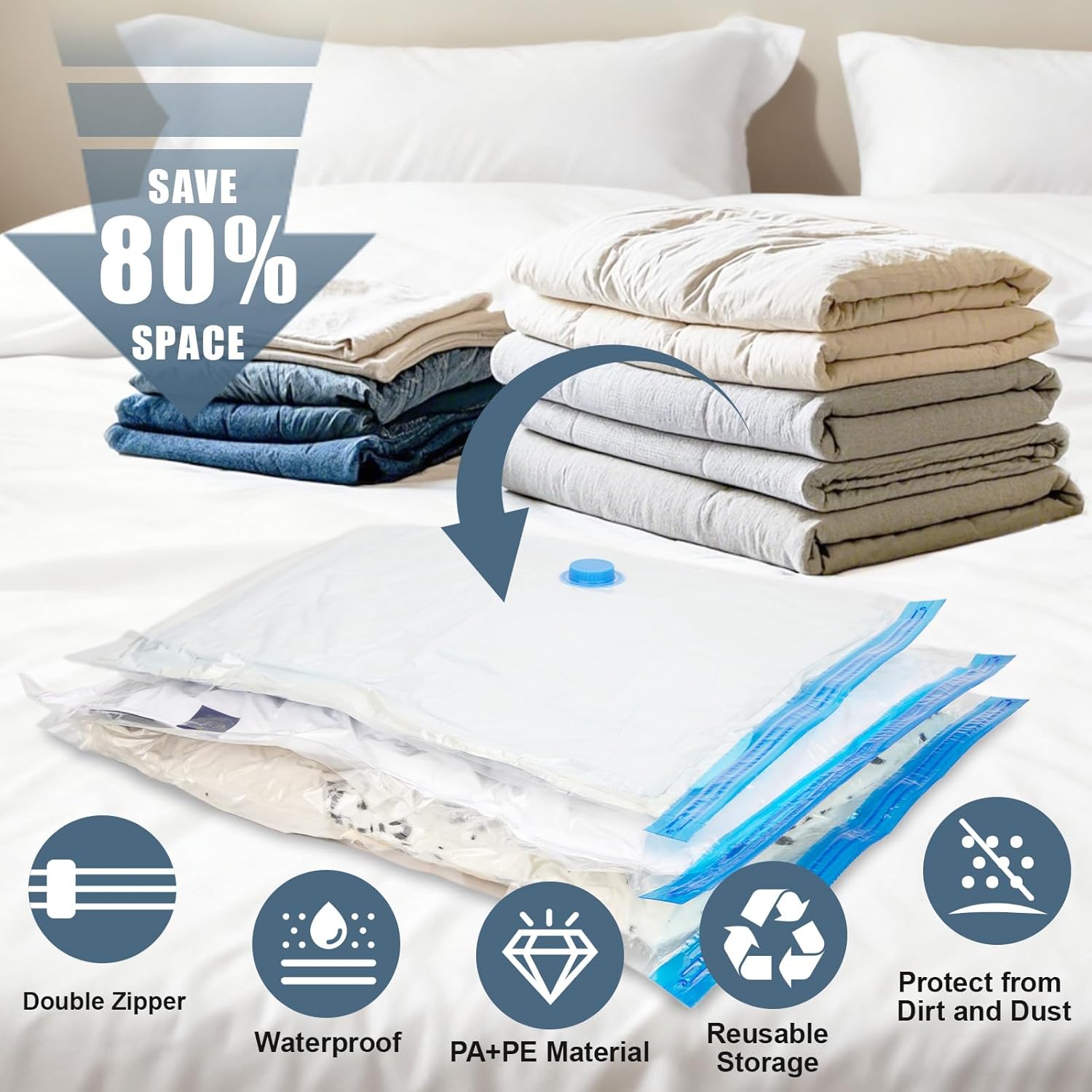 Skiennix Jumbo Vacuum Storage Bags - Extra Large Compression Bags for Clothing & Bedding | Includes Hand Pump