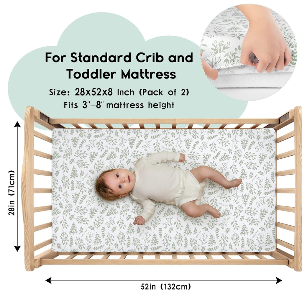 Yoofoss Fitted Baby Crib Sheets - Super Soft Microfiber 2 Pack for Standard Crib & Toddler Mattress | Green & Leaf 28x52x8in