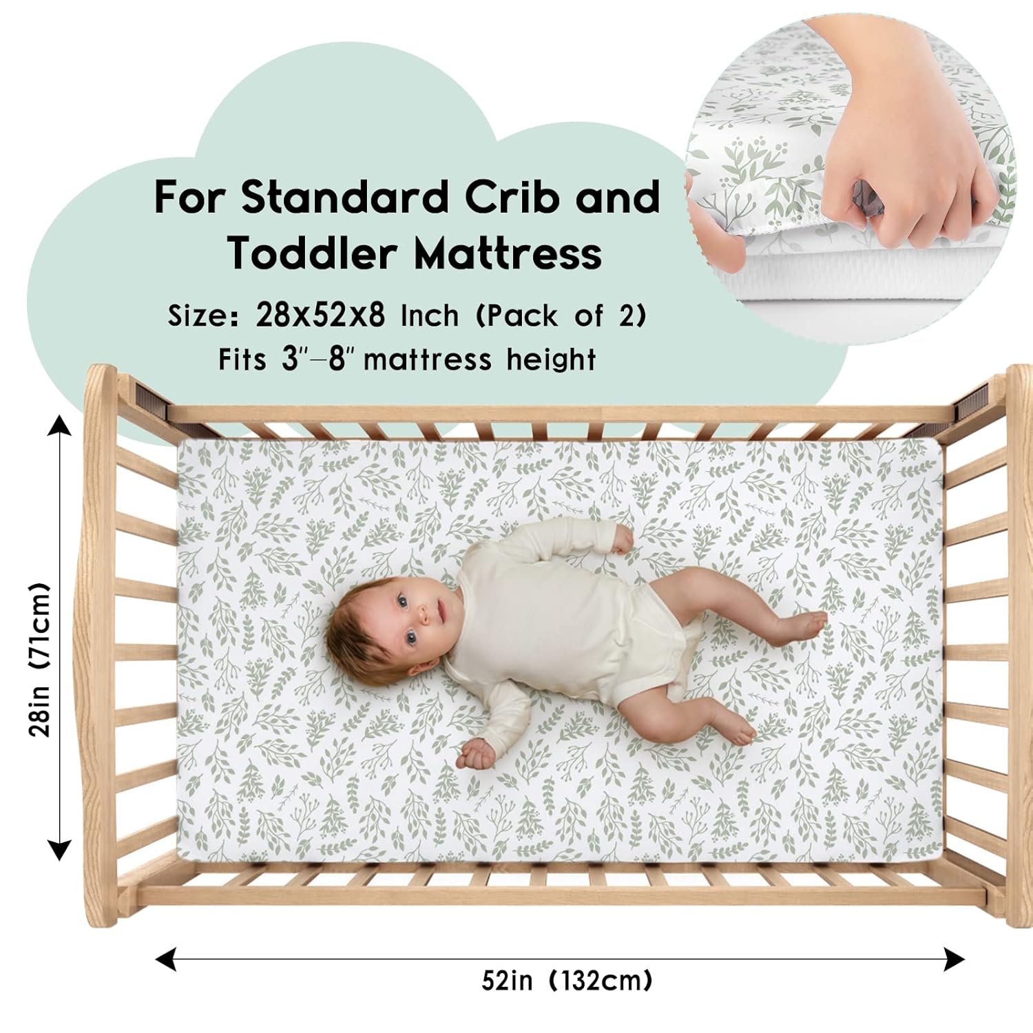 Yoofoss Fitted Baby Crib Sheets - Super Soft Microfiber 2 Pack for Standard Crib & Toddler Mattress | Green & Leaf 28x52x8in