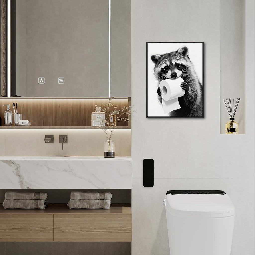 Pinetree Art Raccoon Bathroom Wall Decor - Framed Black and White Prints for Restroom Art