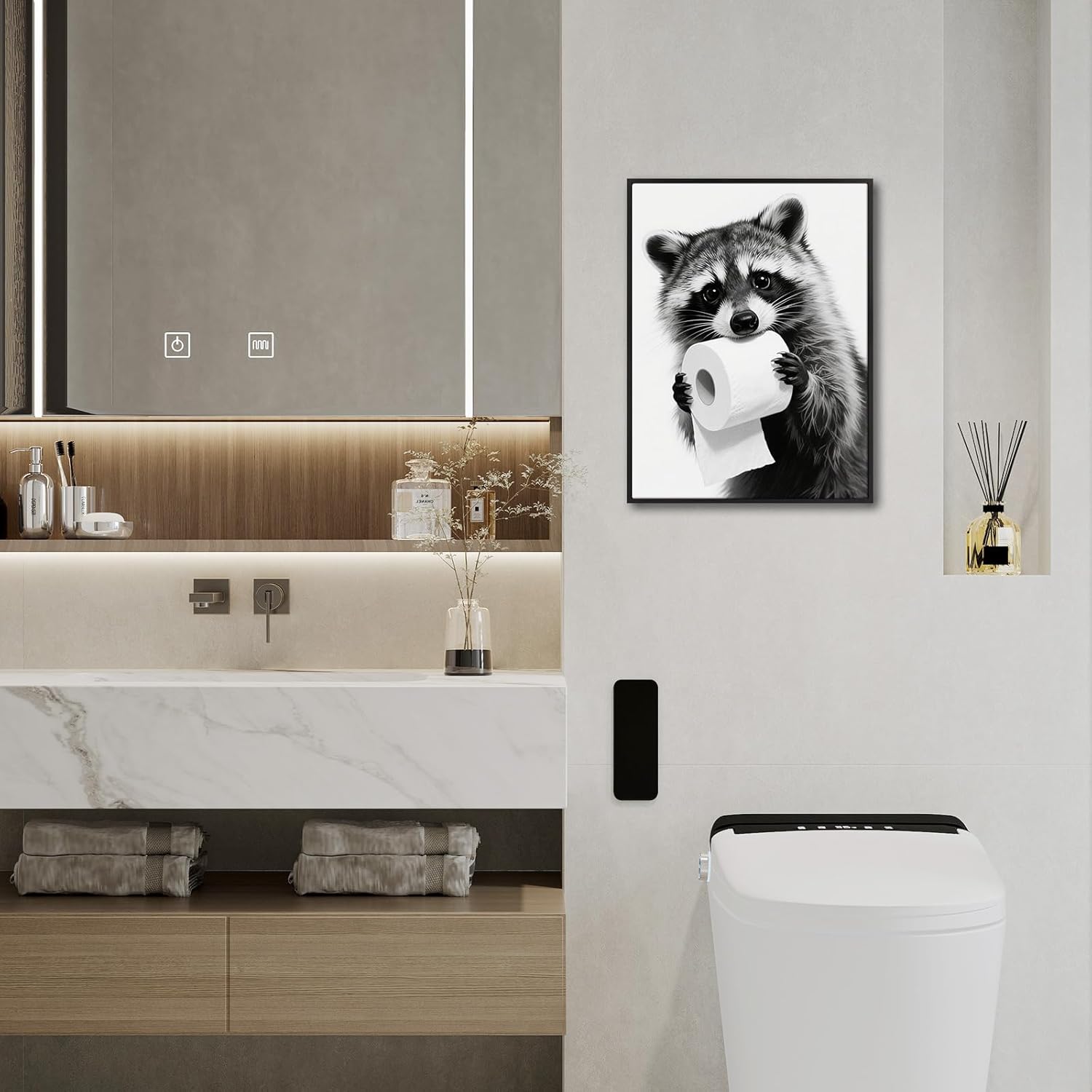 Pinetree Art Raccoon Bathroom Wall Decor - Framed Black and White Prints for Restroom Art