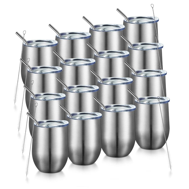 COMOOO 16 Pack 12oz Insulated Wine tumbler with Lid, Stainless Steel Stemless Wine Tumbler,Double Wall Vacuum Wine Tumbler Cups with Straw for Coffee, Cocktails,Beer,Champaign, Silver