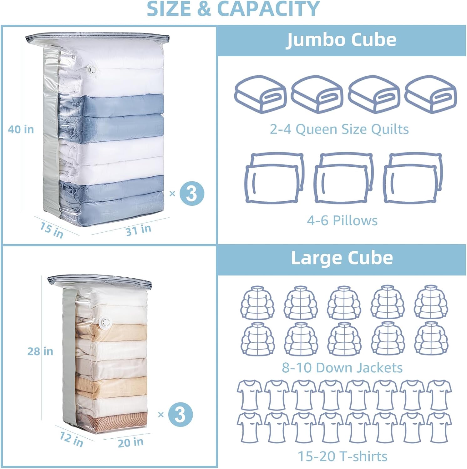 Skiennix Vacuum Storage Bags - 6 Pack Cube Combo (3 Jumbo + 3 Medium) for Space-Saving Closet Organization