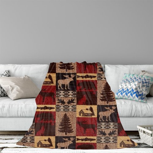 Bear Rustic Cabin Moose Blanket Soft Flannel Farmhouse Throw Blanket Gifts for Adults Cozy Blanket for Red Black Check Farmhouse Art All Season Couch Bed Sofa Home Decor, 60"x80"