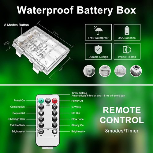 JMEXSUSS Green Battery Operated String Lights - 200 LED Waterproof 66ft Rope Lights with Remote for St. Patrick's Day Decor