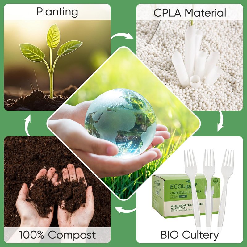 ECOLipak 100% Compostable Forks 150 Pack, 7 Inch Large Size Biodegradable Disposable Cutlery Forks, Heavy Duty Bio based CPLA Utensils for Party, BBQ, Picnic