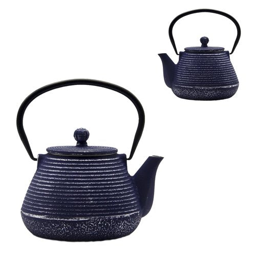 SECHUDO Cast Iron Teapot, 20.3oz Small, Enameled Interior, Stainless Steel Infuser for Loose Tea (Blue Pinstripe Pattern)