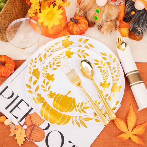 Ciaell 175PCS Thanksgiving Plastic Plate - Disposable Dinnerware Set - White and Gold Plastic Plates Include 50Plates, 75Silverware, 25Cups, 25Napkins for Thanksgiving & Party