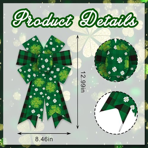 Heureppy Burlap Linen Wreath Bows - St. Patrick's Day Green Plaid Clover Decor | 2 Pack for Indoor/Outdoor Use