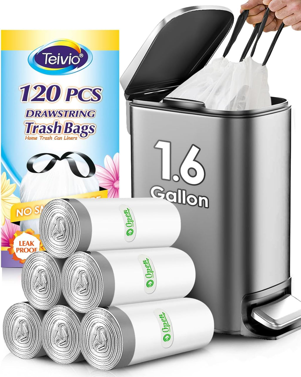 Teivio Strong Drawstring Trash Bags - 1.6 Gallon, 120 Count | Durable Plastic Liners for Home & Office