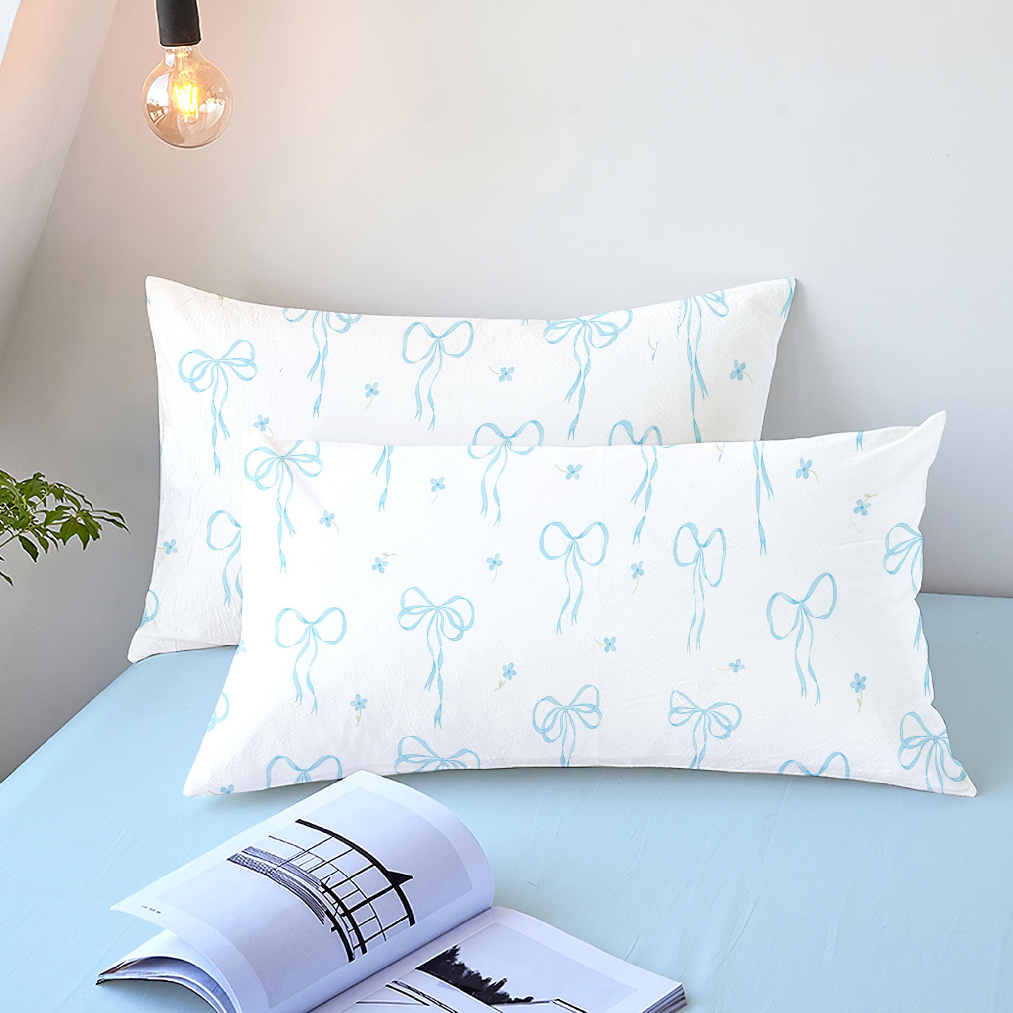 Bildenly Queen Comforter Set White - Light Blue Bow Comforter Set Queen Size, Quilt Bedding Set 3 Pieces, Soft & Lightweight Comforter(90‘’ x 90‘’) for Girl All Season & 2 Pillow Cases(30‘’x20‘’)