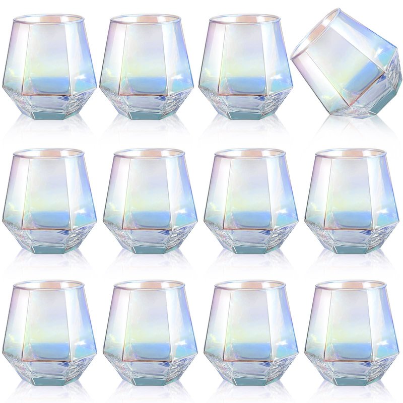 Zopeal Set of 12 Iridescent Stemless Wine Glass 10.5 oz Rainbow Glassware Cup for Cocktail Whiskey Christmas Wedding Birthday Party Home Bar Housewarming Gift